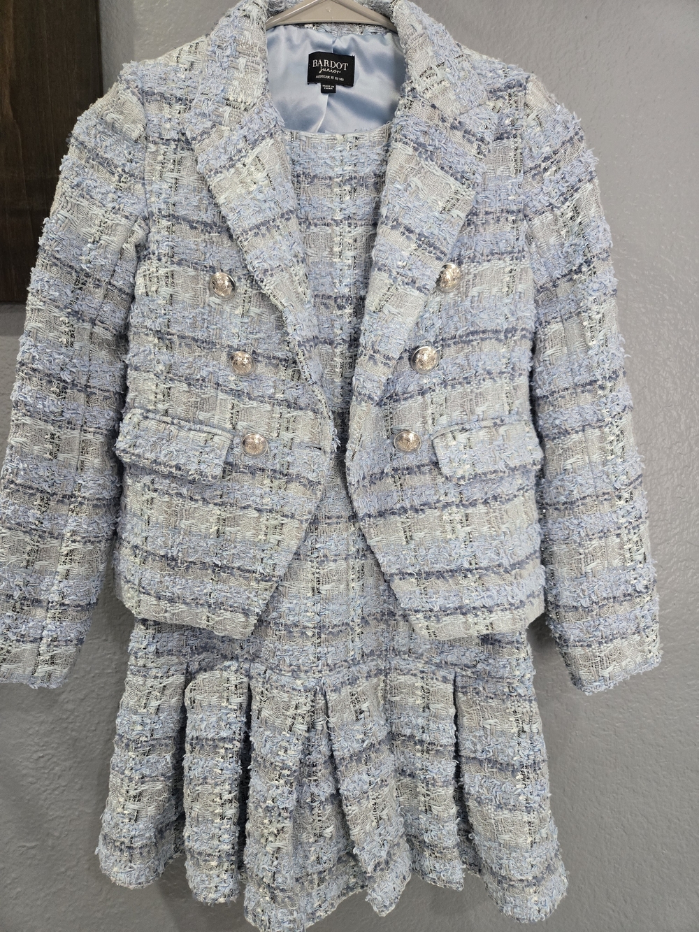 Bardot Light Blue and Cream Tweed Blazer & Skirt Set